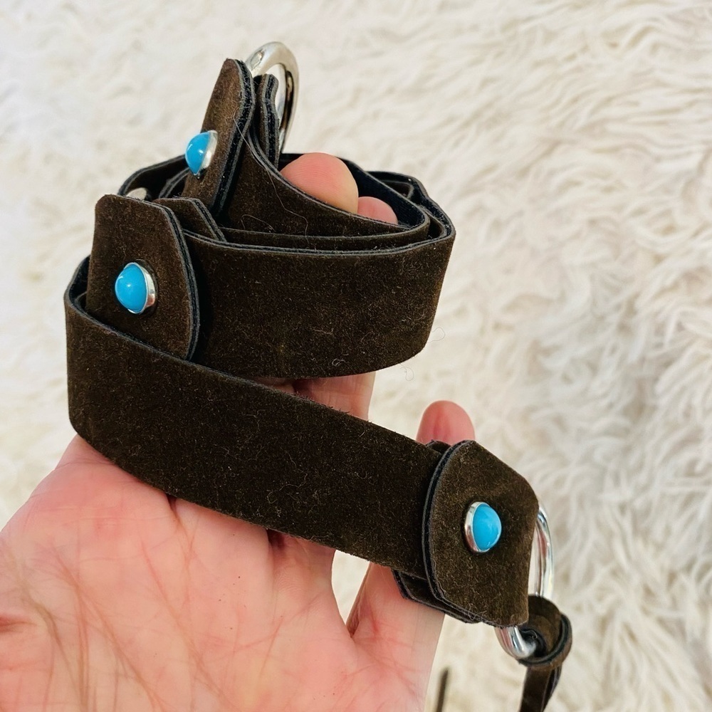 Brown Microsuede Turquoise Beads Fringe Tie Belt Adjustable Sizing 47” total